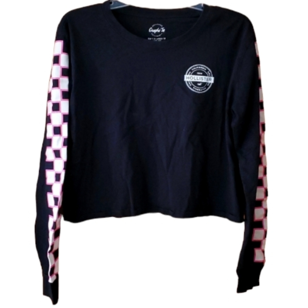 Hollister Womans Cropped Checkered Graphic Tee in Black and Pink Size‎ Medium